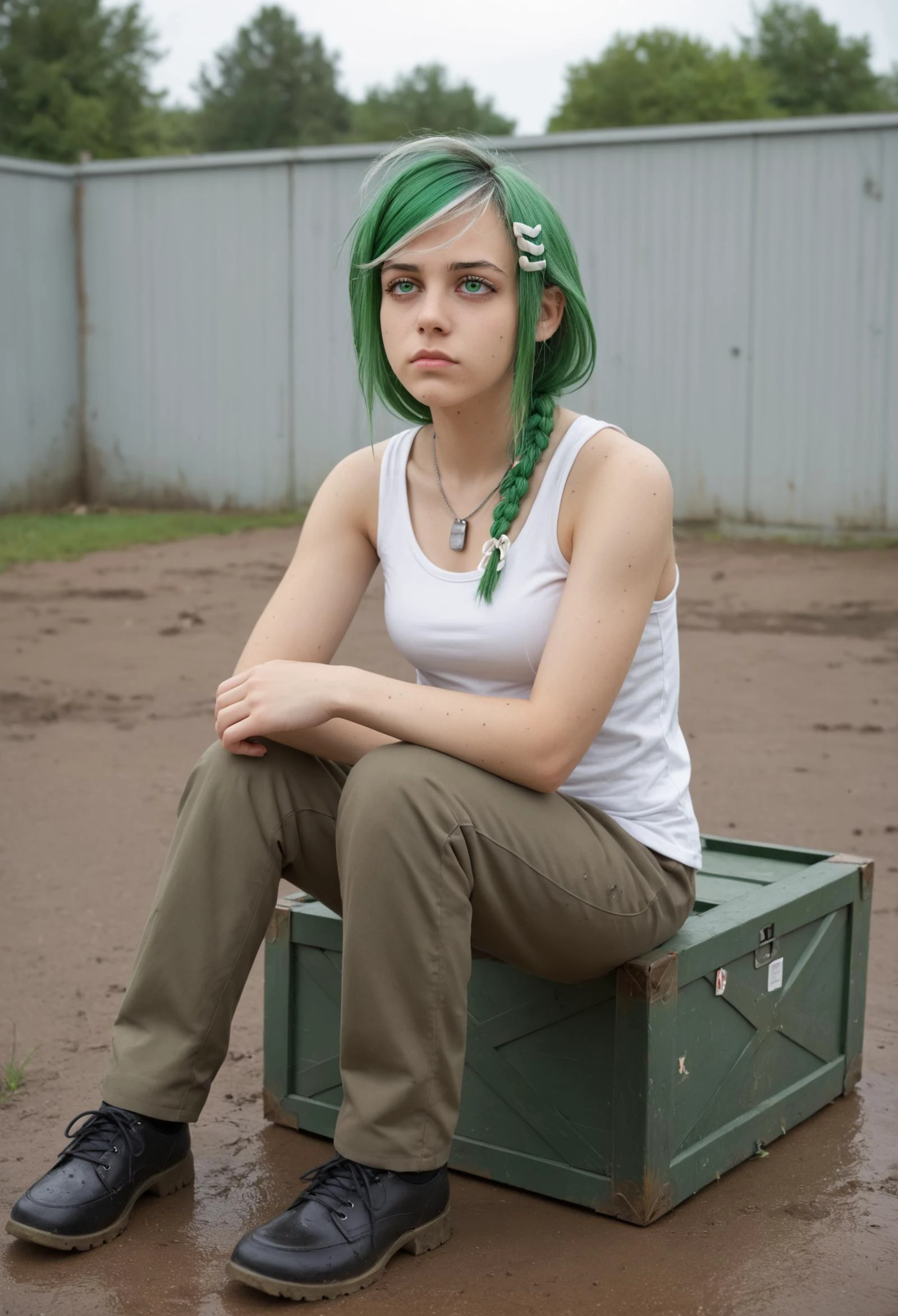zPDXL2, (from side:0.7), (foot focus:0.9), depth of field, highly detailed, professional photo, 8K,
sber-chan, green hair, streaked hair, green eyes, single braid, white bow, long hair,, skin details, (bags under eyes:0.9), sweat,
looking to the side, sitting, tired, exhausted,
hairclip, military pants, white tank top, army helmet, army dog tags, BREAK
ammo crate, muddy military trench in rain, with sandbags, barbed wire, puddles, wet uniforms, scattered equipment, and overcast sky,
<lora:add-detail-xl:1.3> <lora:Sber-chan:0.9>