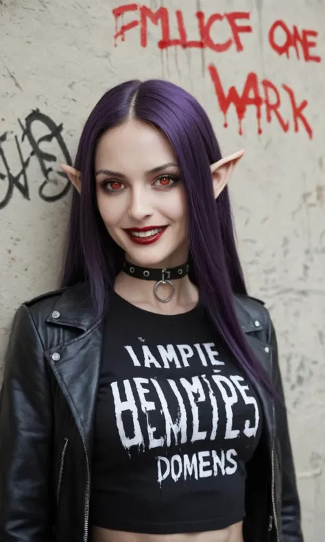 score_9, score_8_up, score_7_up, score_9, score_8_up, score_7_up, vampire elf woman with purple hair, upper body, choker, black leather jacket, black t-shirt, long hair, red eyes, graffiti wall, kimholm, ink, sexy vamp, text says: "simp", pointy elf ears, pale white skin, vampiric woman, darkness, eerie, killer, smile