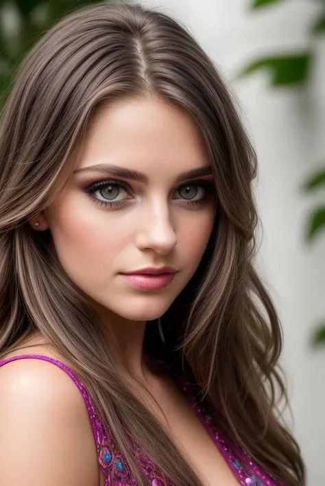 high resolution professional headshot of beautiful detailed face female wearing dress hdr colorful shadow contrast makeup 35mm fujifilm (depth of field) styled hair realistic skin texture scenic background sharp focus