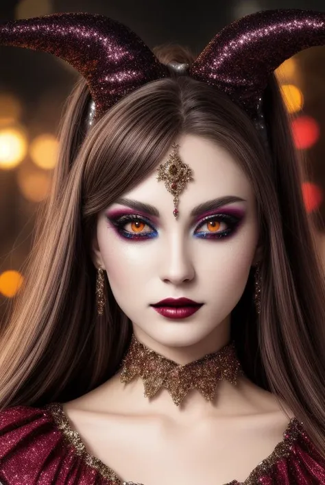 high resolution photo of beautiful (detailed face) demon,glitter,vampire female hdr 35mm colorful cute clothing