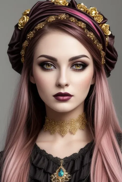 high resolution photo of beautiful (detailed face) goth,gold,chocolate,pink female hdr 35mm colorful cute clothing