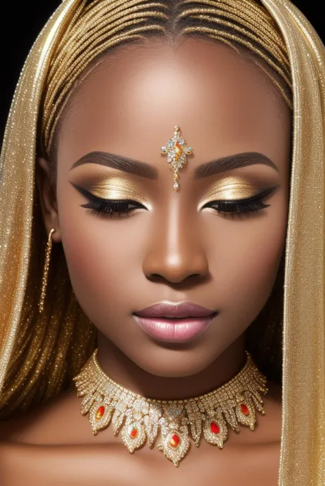 high resolution photo of elegant detailed face female iridescent,african,gold makeup hdr 35mm colorful