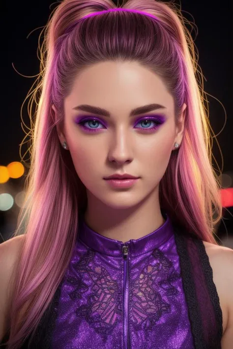 high resolution photo of beautiful (detailed face) neon,purple,fire female hdr 35mm colorful cute clothing