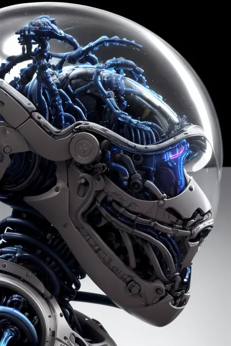 (high detail),high-resolution side portrait of (alien) high-tech (biomechanical) exo-suit, (glossy black), sleek design, (intricate [biotech|biomechanical|biological|mechanical] detail and microstructures), ((blue_bioluminscence)) synapses,brain,  unsettling, elongated head, transparent slimy membranes, slimy tubing, intricate sci-fi background,