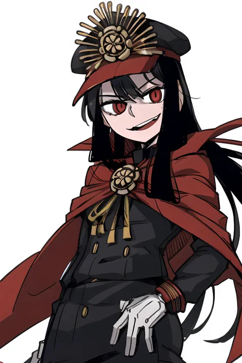 (masterpiece, best quality),
<lora:NOBU01:0.75>,
1girl, black hair, long hair, straight hair, red eyes, (black peaked cap), (oda uri, hat ornament),
military uniform, red cape, white gloves,
<lora:helltakerLora_10:0.6>,