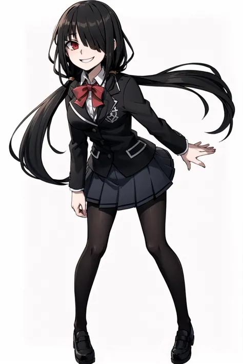Helltaker, <lora:Helltaker:0.4>, masterpiece, best quality, highres, bbkurumi, long hair, low twintails, hair over one eye, school uniform, blazer, black jacket, pleated skirt, blue skirt, black pantyhose, smile, (full body), <lora:tokisaki_kurumi_v1:0.7>, standing, simple background, looking at viewer,