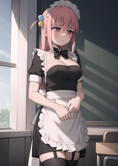 masterpiece, (1girl:1.3), apron, bow, cube hair ornament, dress, frills, gloom (expression), hair ornament, long hair, (looking away:1.3), maid, maid apron, maid headdress, one side up, pink hair, shaded face, short dress, sweatdrop, thighhighs, white thighhighs, medium breast, <lora:hitoriGotohBocchiThe_v1:1>, <lora:helltakerLora_10:0.4>, front, classroom