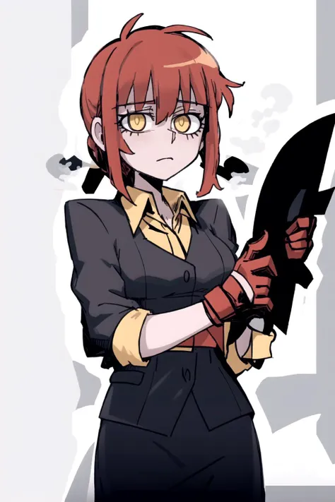 masterpiece, best best quality, makima \(chainsaw man\), red hair, yellow eyes <lora:Helltaker:0.7>