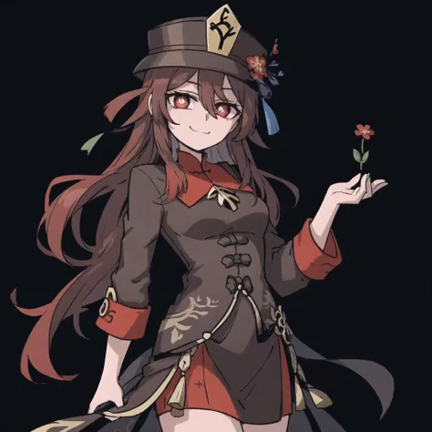 2d, masterpiece, best quality, anime, highly detailed eyes, highly detailed face, black background, perfect lighting, cowboy shot, feet out of frame, 1girl, solo, standing, hu tao \(genshin impact\), symbol-shaped pupils, flower-shaped pupils, hat, red flower, red eyes, smug, light smile <lora:hu tao:0.7> <lora:helltaker:0.4>