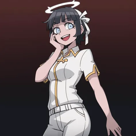 2d, masterpiece, best quality, highly detailed eyes, highly detailed face, cowboy shot, feet out of frame, 1girl, solo, standing, black background, red background, helltaker, azazel \(helltaker\), white shirt, white pants, gold trim, halo, angel, black hair, short hair, white ribbon, hair ribbon, light blue eyes, looking at viewer, smile, open mouth, hand on own face, straight-on <lora:helltaker:0.5> <lora:helltaker characters:0.6>