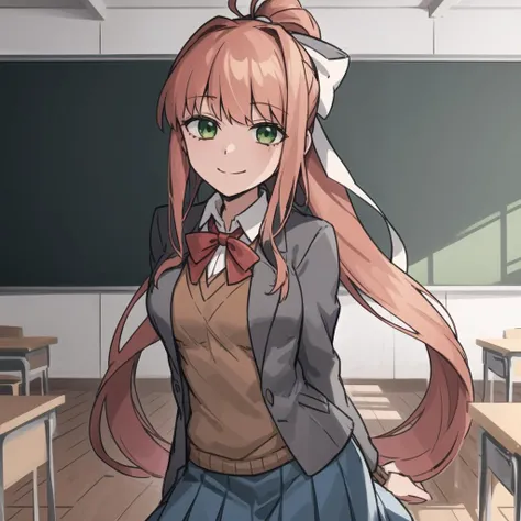 2d, masterpiece, best quality, anime, highly detailed eyes, highly detailed face, highly detailed background, perfect lighting, cowboy shot, feet out of frame, 1girl, solo, classroom, school uniform, monika \(doki doki literature club\), doki doki literature club, brown hair, very long hair, white bow, hair bow, ponytail, green eyes, white shirt, blue skirt, brown sweater, grey vest, closed jacket, standing, (leaning forward:0.8), (arms behind back:1.2), smile <lora:monika:0.7> <lora:helltaker:0.35>