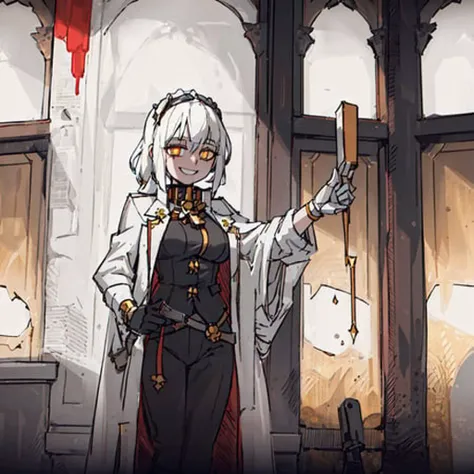((Adepta Sororitas, best quality, masterpiece, ultra-detailed, absurdress)), 1girl, (solo:1.4), armor, white hair, indoors, from above, looking at viewer, gothic church, ((amber eyes, yellow eye, glowing eyes)), grin, smile, indoor, lighting, volumetric lighting, semi-realistic <lora:helltakerLora_10:0.6> <lora:warhammer40KSistersOf_2Rank8:0.8>