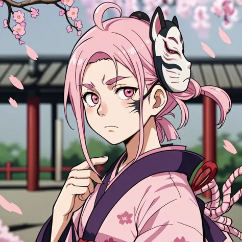blurry, rating:safe, blurry foreground, wisteria, depth of field, blurry background, mask, japanese clothes, kamado tanjirou, solo, fox mask, scar on face, kimono, scar, motion blur, photo background, outdoors, closed mouth, male focus, mask on head, tree, pink eyes, 1boy, looking at viewer, chain-link fence, frown, cherry blossoms, pink hair, haori, expressionless