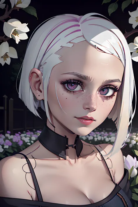 pretty 1girl, absurdres, 8k uhd, platinum blonde hair, bob cut, medium breasts, black tshirt, denim shorts, garden background, flowers, magnolias, apple tree, close up portrait <lora:lucyCyberpunk:0.6>, <lora:Helltaker:0.5> helltaker