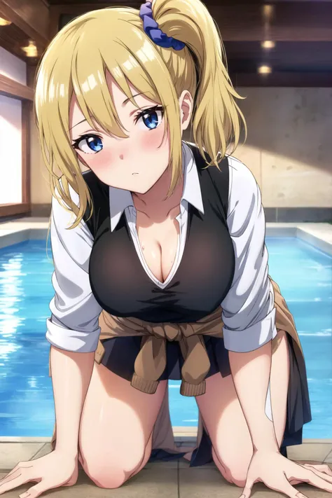 masterpiece, best quality, AiHayasakaV4, kaguya-sama wa kokurasetai ~tensai-tachi no renai zunousen~, hayasaka ai, 1girl, all fours, black skirt, black sweater vest, blonde hair, blue eyes, blue scrunchie, blush, breasts, brown sweater, cleavage, clothes around waist, collar, collarbone, expressionless, eyelashes, full body, hair between eyes, hair ornament, hair scrunchie, hands on floor, head tilt, kneeling, large breasts, leaning forward, long hair, looking at viewer, miniskirt, pleated skirt, ponytail, school uniform, scrunchie, shirt, shuuchiin academy school uniform, side ponytail, sidelocks, water, pool, skirt, sleeves rolled up, solo, sweater, sweater vest, thighs, very long hair, white collar, white shirt