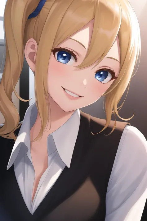 masterpiece, best quality, CG, wallpaper, HDR, high quality, high-definition, extremely detailed, <lora:AiHayasakaV4:1>, aihayasakav4, 1girl, blonde hair, blue eyes, looking at viewer, close up, eye focus, smile, side ponytail, school uniform