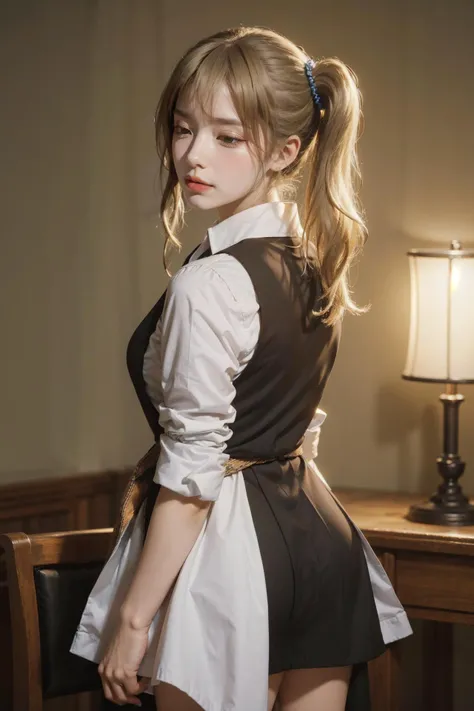 (photorealistic:1.4),8k,(masterpiece), best quality, highest quality, (detailed face:1.5),original,highres, unparalleled masterpiece, ultra realistic 8k, perfect artwork, ((perfect female figure)),mature female, milf, narrow waist, skinny,detailed skin,
1girl, solo,  looking at viewer, (standing:1.2),blue eyes, blonde hair ,school uniform,apron, white shirt, collared shirt, side ponytail,bangs, scrunchie, crossed legs, hair between eyes,half-closed eyes,hair scrunchie, clothes around waist, blue scrunchie,academy school uniform, kahuka1, aihayasakav4
  <lora:kahuka-pynoise:1> <lora:AiHayasakaV4:1.5>