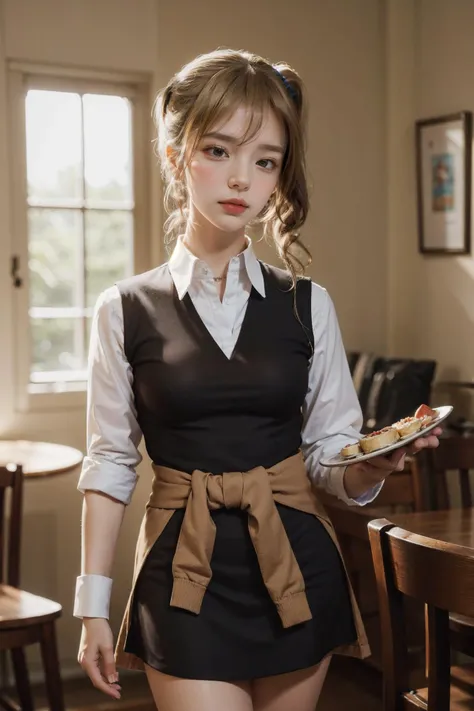 (photorealistic:1.4),8k,(masterpiece), best quality, highest quality, (detailed face:1.5),original,highres, unparalleled masterpiece, ultra realistic 8k, perfect artwork, ((perfect female figure)),mature female, milf, narrow waist, skinny,detailed skin,
1girl, solo,  looking at viewer, (standing:1.2),blue eyes, blonde hair ,school uniform,apron, white shirt, collared shirt, side ponytail,bangs, scrunchie, crossed legs, hair between eyes,(half-closed eyes:0.6),hair scrunchie, clothes around waist, blue scrunchie,academy school, teacup,teapot,tray,holding tray,dining room,kahuka1, aihayasakav4
  <lora:kahuka-pynoise:1> <lora:AiHayasakaV4:1.5>