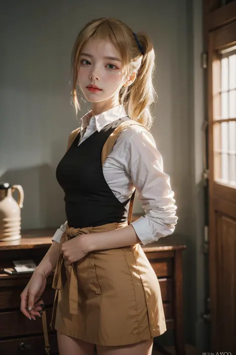 (photorealistic:1.4),8k,(masterpiece), best quality, highest quality, (detailed face:1.5),original,highres, unparalleled masterpiece, ultra realistic 8k, perfect artwork, ((perfect female figure)),mature female, milf, narrow waist, skinny,detailed skin,
1girl, solo,  looking at viewer, (standing:1.2),blue eyes, blonde hair ,school uniform,apron, white shirt, collared shirt, side ponytail,bangs, scrunchie, crossed legs, hair between eyes,(half-closed eyes:0.8),hair scrunchie, clothes around waist, blue scrunchie,academy school, kahuka1, aihayasakav4
  <lora:kahuka-pynoise:1> <lora:AiHayasakaV4:1.5>