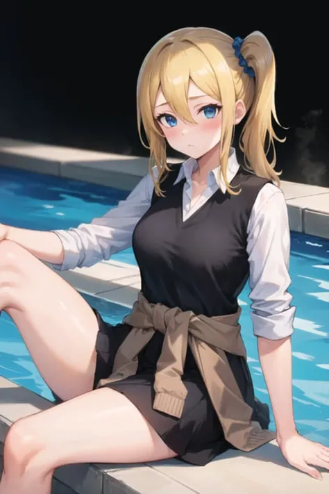 masterpiece, best quality, AiHayasakaV4, 1girl, solo, looking at viewer, blush, blue eyes, blonde hair, simple background, shirt, hair ornament, hair between eyes, school uniform, white shirt, collared shirt, side ponytail, scrunchie, crossed legs, hair scrunchie, clothes around waist, blue scrunchie, shuuchiin academy school uniform, sitting, pool