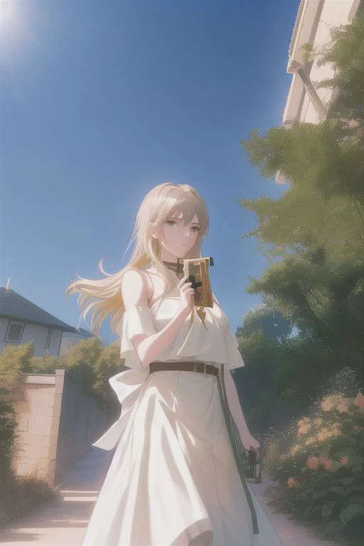 Style by haze-light-1800, woman holding a prisma with her hands, long hair, pale skin, garden background, sunny day,
