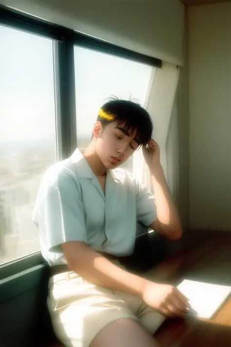 Style by haze-light-1800, a 20yo man at a table next to a window, eyes closed, white clothes,