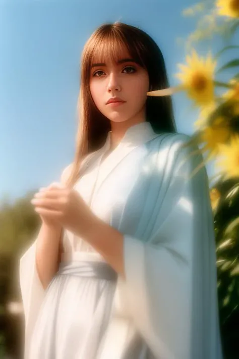 Style by haze-light-1800, woman holding a prisma with her hands, long hair, pale skin, garden background, sunny day,