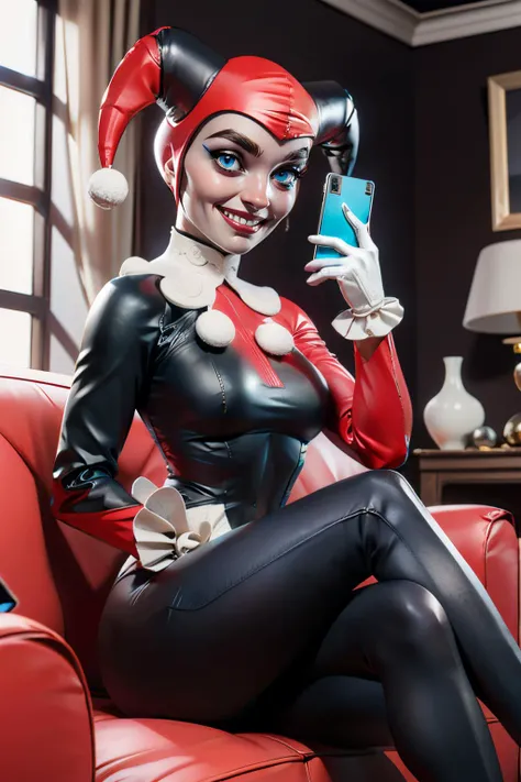 Harley, blue eyes, red and black bodysuit, domino mask, jester cap, neck ruffle, white gloves, legwear, looking at viewer, serious, evil grin, sitting, on sofa, legs crossed, holding cellphone, inside messy living room, soft lighting, high quality, masterpiece, <lora:HarleyQuinnJS-12:.7>