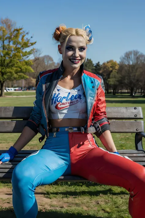 harley, blonde hair, pale skin, multicolored hair, double bun, blue eyes,makeup, white shirt, cropped jacket, belt, fingerless gloves,red pants, looking at viewer, serious, evil grin, sitting, spreading legs, on bench outside, grass, from_below, park, winter, blue sky, high quality, masterpiece, <lora:HarleySQ:.8>