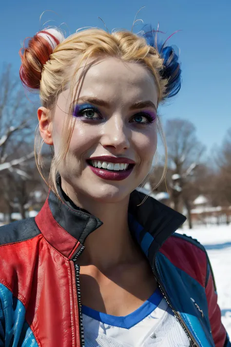 harley, blonde hair, pale skin, multicolored hair, double bun, blue eyes,makeup, cropped jacket, white shirt, looking at viewer, smiling, close up, outside, park, winter, blue sky, high quality, masterpiece, <lora:HarleySQ:.8>