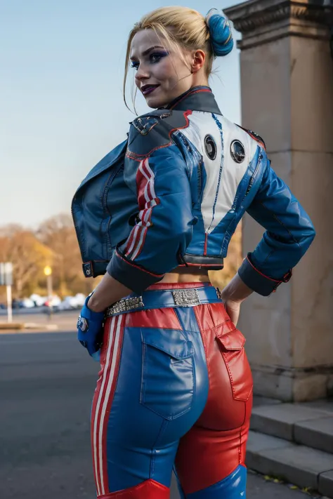 harley, blonde hair, pale skin, multicolored hair, double bun, blue eyes,makeup, cropped jacket, belt, fingerless gloves,red pants, looking at viewer, serious, smirk, from_behind, standing, hands on hip, outside, park, winter, blue sky, high quality, masterpiece, <lora:HarleySQ:.7>