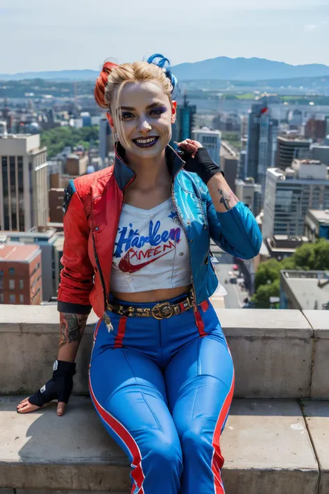 harley, blonde hair, pale skin, multicolored hair, double bun, arm tattoo, blue eyes,makeup, cropped jacket, white shirt, multicolored jacket, belt, fingerless gloves,multicolored pants,red and blue pants, boots, looking at viewer,smiling, sitting, on edge, building, cityscape, overcast, high quality, masterpiece, <lora:HarleySQ-12:.7>