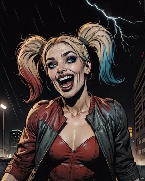 comic drawing of a pretty woman, laughing, dancing, crazy clown, <lora:HarleyQuinnDE:0.65> harley, makeup, twintails, eyeshadow, lipstick, jacket, city background, dark rainy night, thunder storm, lightning, epic, dynamic shadows, cinematic lighting, crosshatching, 2D, Sharp, Detailed, HD, HDR, High Quality, High Resolution, Masterpiece