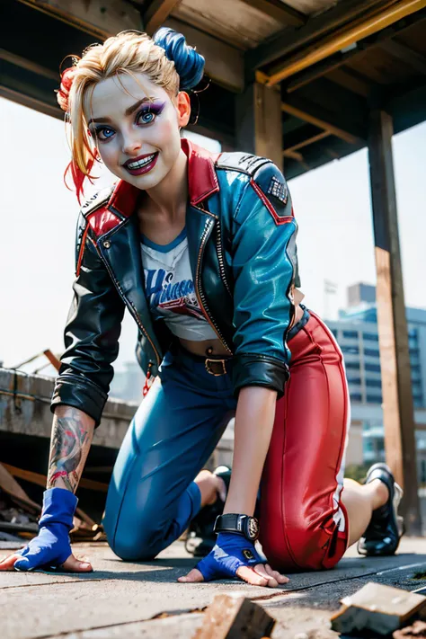 harley, blonde hair, pale skin, multicolored hair, double bun, arm tattoo, blue eyes,makeup, white shirt, cropped jacket, belt, fingerless gloves,multicolored pants,red and blue pants,looking at viewer,smiling, teeth, on all fours, outside, city, rubble, apocalypse, from_below, sunny, high quality, masterpiece, <lora:HarleySQ-12:.7>