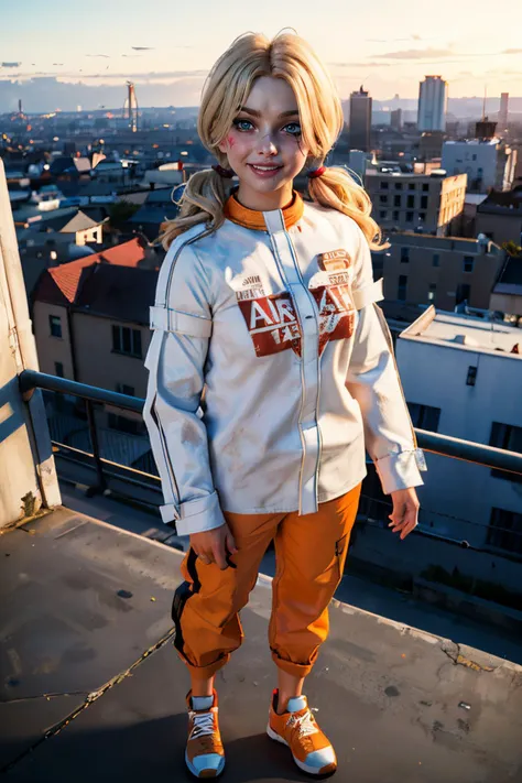 harley, blue eyes,low twin tails, blonde hair, facial mark, straitjacket, long white shirt, long sleeves, orange pants, orange shoes, looking at viewer, smiling, standing, full body shot, outside, on building roof, cityscape, dusk, high quality, masterpiece, <lora:harleySQA:.7>