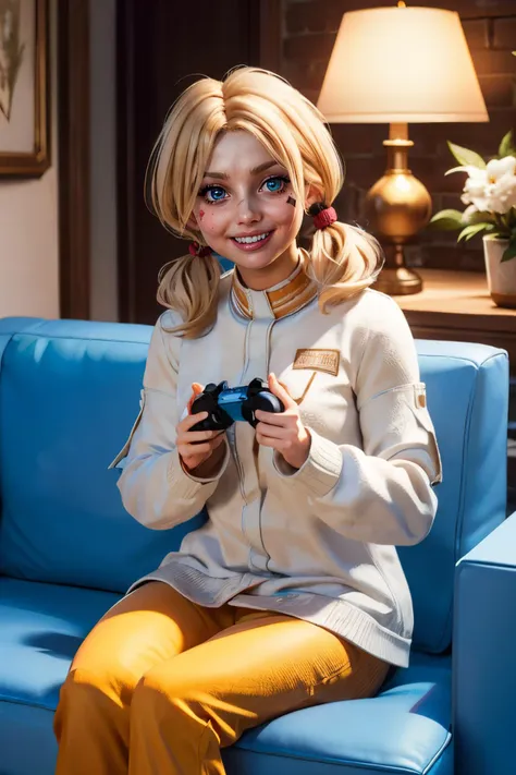 harley, blue eyes,low twin tails, blonde hair, facial mark, straitjacket, long white shirt, long sleeves, orange pants, looking at viewer, smiling, grin, sitting, on sofa, holding game controller, inside cozy living room, lamp, soft lighting, high quality, masterpiece, <lora:harleySQA:.7>