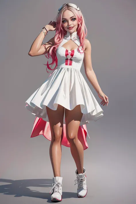 1girl,Harley,<lora:HarleyQuinn:0.8>,, <lora:GoodHands-beta2:1>,nice hands,perfect hand full body, white dress, pink hair, long hair, brown skin, cute, adorable, smiling, white background, full body, photography, 4k, 8k, sony a7r iv camera, 55mm lens, f/5.6, ISO 400, 1/160s, natural skin tone, Adobe Lightroom, photolab, Affinity Photo, PhotoDirector 365, realistic, sharp focus, 8K