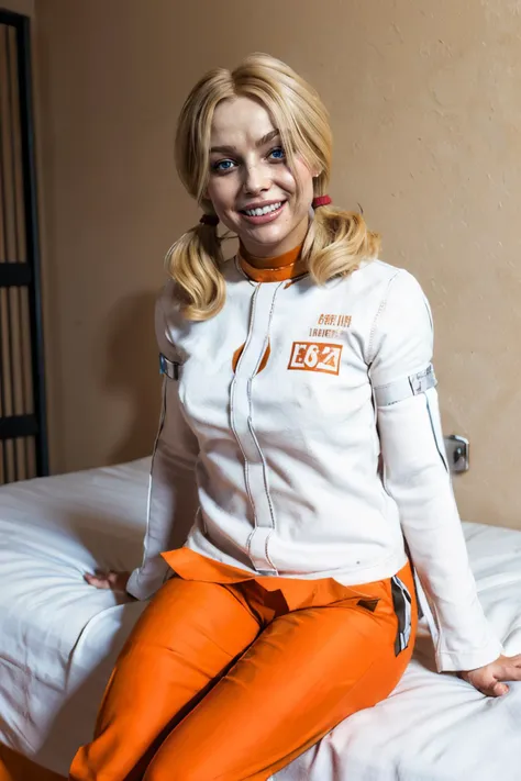 harley, blue eyes,low twin tails, blonde hair, facial mark, straitjacket, long white shirt, long sleeves, orange pants, orange flats, looking at viewer, serious, grin, sitting on bed, inside prison cell, high quality, masterpiece, <lora:harleySQA:.7>