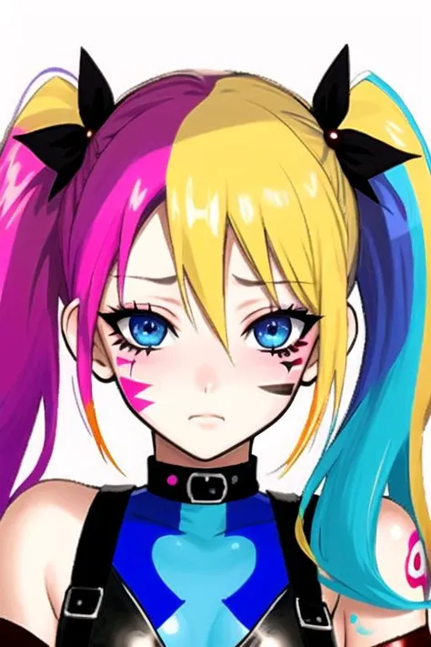 <lora:HarleyQuinnDE-XL11:.7> "harley, multicolored hair, blue eyes, blonde hair, twintails, face paint", sad