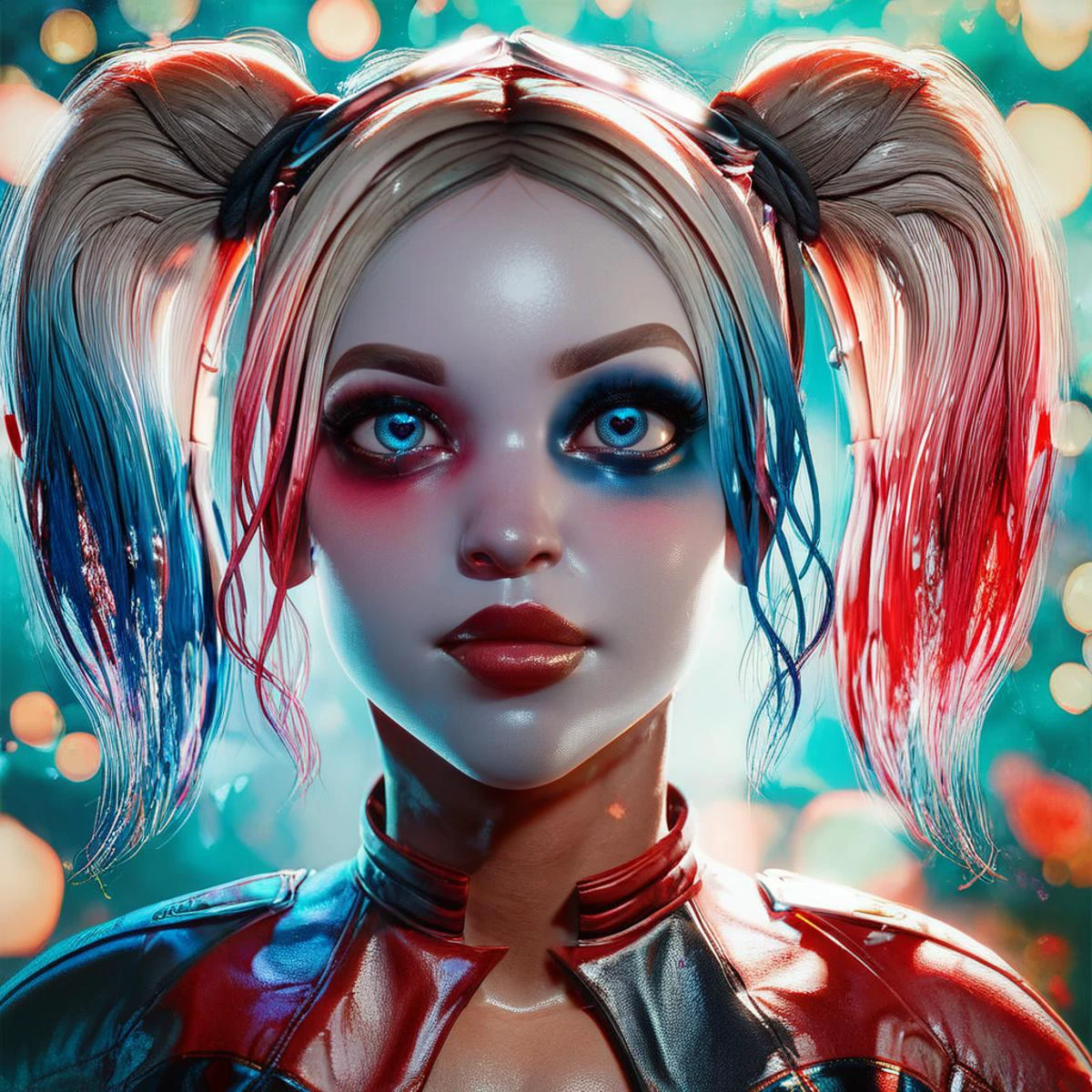 score_9, score_8_up, score_8, (32k, masterpiece:1.2),(high detailed skin:1.1),( high quality:1.1), , cute, eyelashes, solo, hearts, blush, lips, shiny clothes, upper body, looking at viewer, bokeh, luminescent background, (small eyes, small face:1.3)
harley quinn, <lora:HarleyQuinnDE:0.7>