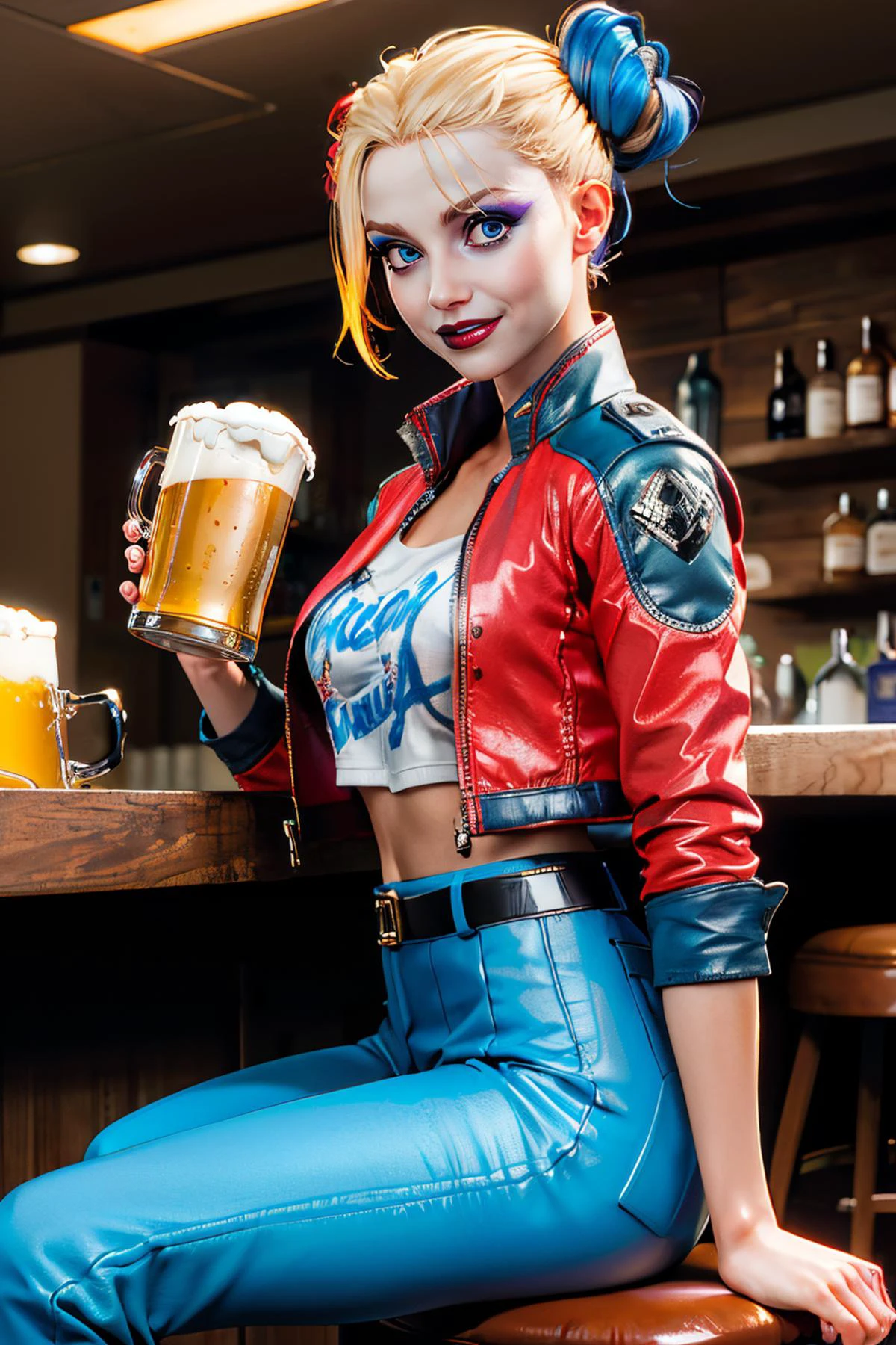 harley, blonde hair, pale skin, multicolored hair, double bun, arm tattoo, blue eyes,makeup, white shirt, cropped jacket, multicolored jacket, belt, fingerless gloves,multicolored pants,red and blue pants, looking at viewer, smiling, sitting, legs crossed, on stool, inside bar, holding mug of beer, counter, neon lighting, high quality, masterpiece, <lora:HarleySQ-12:.7>