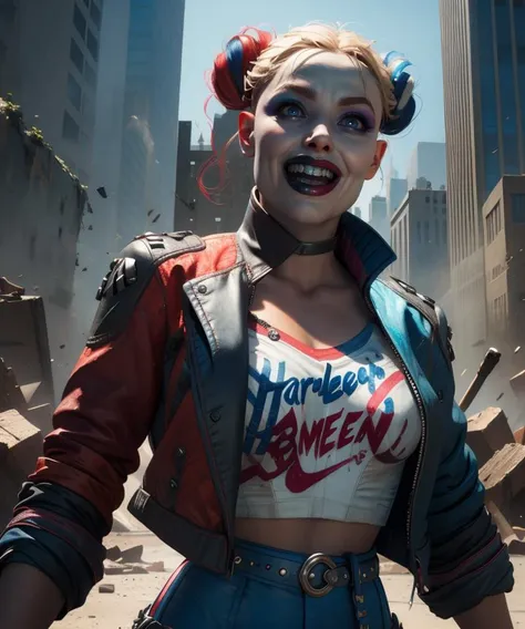 Harley,blue eyes,double bun,
shirt,multicolored cropped jacket,belt,open mouth,
light smile,
metropolis,morning,destruction,
(insanely detailed, masterpiece, best quality),solo,<lora:HarleySQ-12:0.8>,