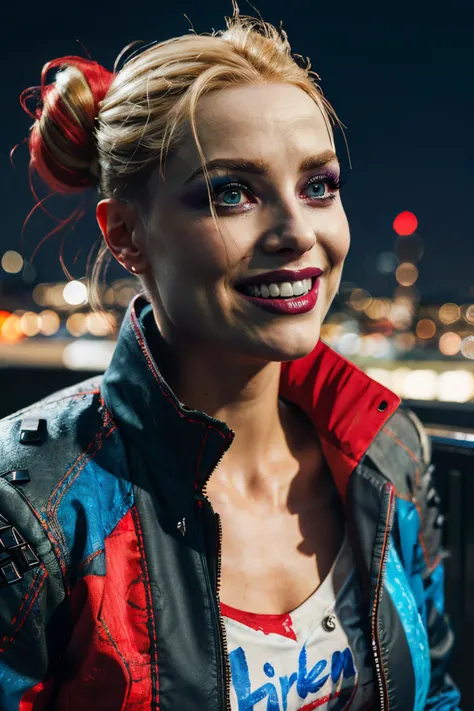 harley, blonde hair, pale skin, multicolored hair, double bun, arm tattoo, blue eyes,makeup, cropped jacket, multicolored jacket, white shirt, looking at viewer, smiling, close up, outside, cityscape, night time,bokeh, high quality, masterpiece, <lora:HarleySQ-12:.7>