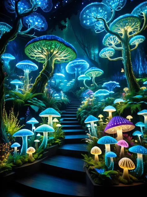 <lora:ral-ledlights-sdxl:1>, <lora:EnvyBetterHiresFixXL01:0:hr=1> Fantasy forest with flora and fauna exhibiting natural ral-ledlights bioluminescence, creating an enchanting, mystical environment.