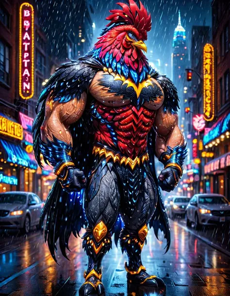 anthro muscle,A ral-ledlights-drenched a rooster character standing in the rain in a city at night with a neon sign in the background that says batman<lora:add-detail-xl:0.5> <lora:FaeTastic2:0.5> <lora:DetailedEyes_V3:0.5> <lora:anthro_muscular-000009:1> <lora:ral-ledlights:1>