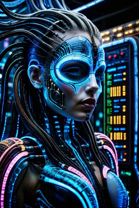 cyberpunk girl, cyberpunk cityscape, by aaron horkey, by H.R. Giger, cables, tubes, lights, displays, screens, 80's inspired,retro futurism, neon colors <lora:ral-ledlights:1> ral-ledlights, <lora:EnvyBetterHiresFixXL01:1>, masterpiece, best quality, ultra high res, (photorealistic, realistic:1.2), deep shadow, raw photo, film grain, Fujifilm XT3, 8k uhd, dslr