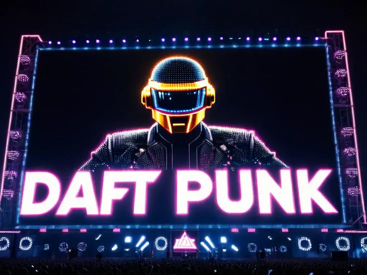 "DAFT PUNK" text logo <lora:Harrlogos_v2.0:0.95> led-lights cyberpunk graffiti style glowing block letter, (daft punk helmet on the big screen:1.5) in front of a huge crowd, daft punk group on stage glowing in ral-ledlights <lora:ral-ledlights-sdxl:0.6>