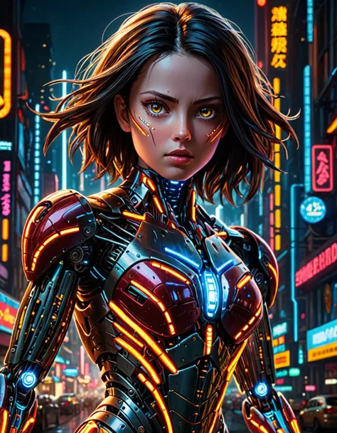 cybernetic robot breathtaking In this breathtaking world of Battle Angle at night, ral-ledlights Alita comes to life in a stunning adaptation. Running towards the viewer, she commands attention, revealing every curve and line of her lean athletic form. Her charming and determined expression. The neon lights that bathe her in a warm glow. She maintains the same cool composure that made her such an iconic character. High contrast, vibrant colors, embedding:, extremely large detailed eyes. The overall effect is a stunning image that captures the style of Chris Cold and Jason Edmiston, . android, AI, machine, metal, wires, tech, futuristic, highly detailed, <lora:ral-ledlights:0.6>,