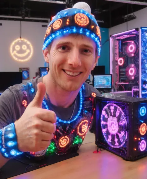 PC Gamer Linus Sebastian next to his PC covered in ral-ledlights smiling and giving a thumbs up wearing a ral-ledlights shirt covered in led lights and ral-ledlights hat covered in led lights with a large ral-ledlights led light necklace, <lora:ral-ledlights:1>, <lora:linus_sebastian:0.7>