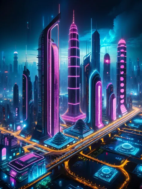 <lora:ral-ledlights-sdxl:1>, <lora:EnvyBetterHiresFixXL01:0:hr=1> Futuristic city at night illuminated with vibrant ral-ledlights, showcasing surreal architecture and cyberpunk aesthetic.